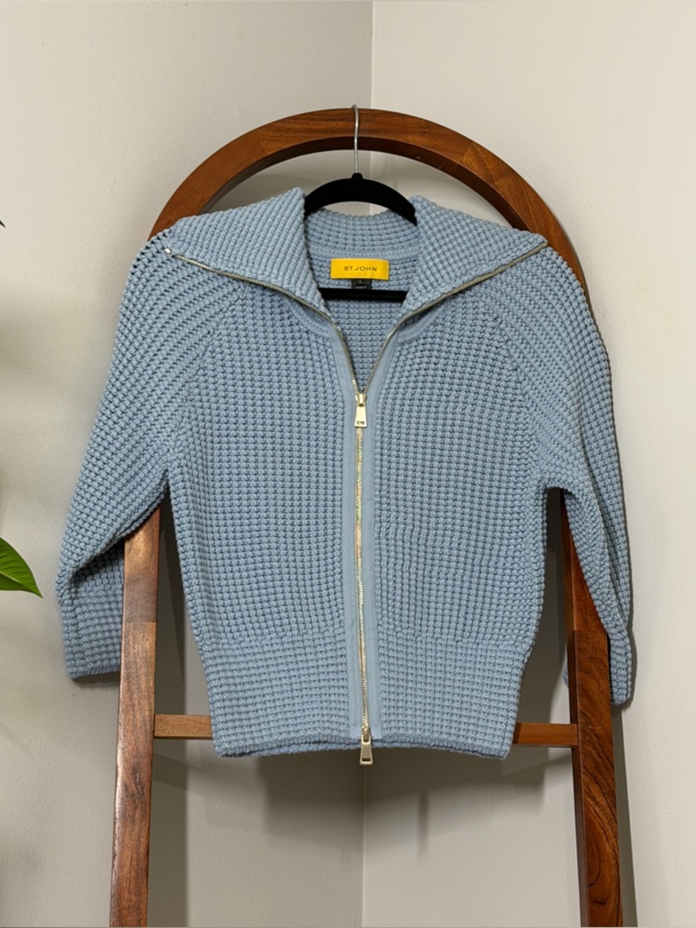 St John SMALL Blue Wool Blend Textured Knit Full Zip Cardigan Sweater